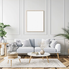 Large, white, blank poster in a wooden frame on the wall in a room with a sofa and plants 
