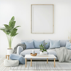 Large, white, blank poster in a wooden frame on the wall in a room with a sofa and plants 

