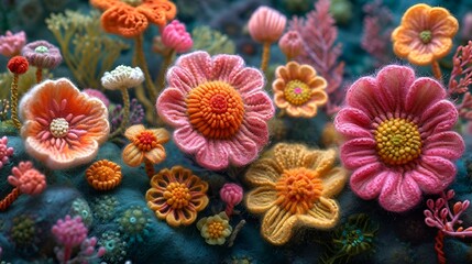 crocheted flowers are being displayed by the camera on display - obrazy, fototapety, plakaty