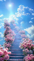 Fototapeta na wymiar Stairway to the Skies: Hyper-Detailed Photography Background with Roses and Clouds
