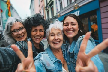 Three middle-aged women taking a selfie, smiling at camera outdoors - Aged friends taking selfie pic with smart mobile phone device - Life style concept with pensioners having fun together on holiday - Powered by Adobe