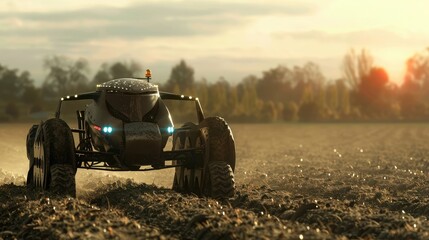 An autonomous tractor plowing a field, highlighting the power and reliability of agricultural robotics, - obrazy, fototapety, plakaty