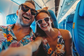 A happy couple taking selfie photo on airplane, Happy tourist taking selfie inside airplane -...
