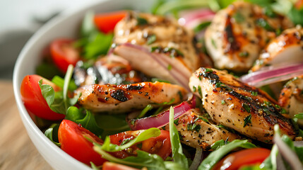 Salad with grilled chicken fillets and arugula, closeup - obrazy, fototapety, plakaty