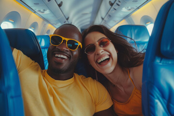 A happy couple taking selfie photo on airplane, Happy tourist taking selfie inside airplane -...