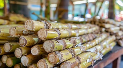 Obraz premium Several piles of bamboo sticks on a table