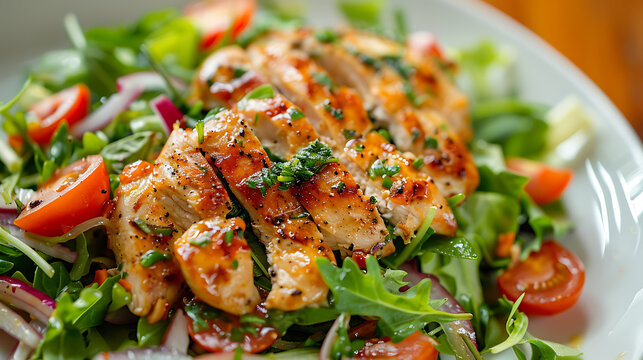 Grilled chicken fillet with fresh salad on wooden table, closeup