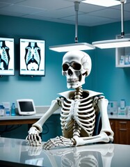 A creative 3D rendering of a skeleton sitting in a medical office, humorously contrasting the living and the skeletal in an educational context. AI Generation