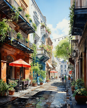 a painting of an alley with tables and umbrellas on it