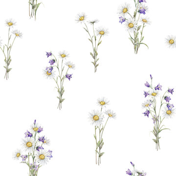 Seamless pattern Watercolor Daisy and bluebell. Hand drawn illustration of Chamomile and little violet bell. bouquet of white blossom flowers on isolated background. Drawing botanical paint wildflower