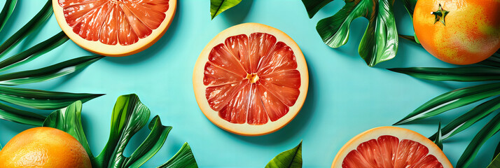 Fresh Cut Grapefruit on a Vibrant Background, Juicy and Ripe, Healthy Eating Concept, Citrus Fruits Tangy Essence - obrazy, fototapety, plakaty