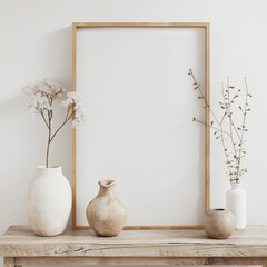 White framed poster on a wooden table next to vases
