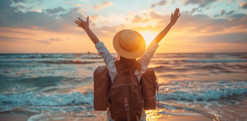 A happy woman traveler with arms raised in joy Back view of happy excited raising arms up to blue sky - Hipster enjoying summer sunset at the beach - Travel, mental health, success, business, tourism - Powered by Adobe