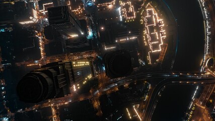 Aerial view of the skyscrapers of Dubai at nighttime