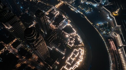 Aerial view of the skyscrapers of Dubai at nighttime