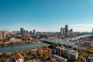 Fototapeta na wymiar Aerial photo of coastal cities along the Haihe River Scenic Line in Tianjin, China