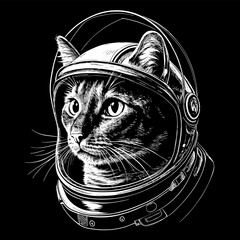 Realistic Drawing of a Cat Astronaut in Helmet in Engraving Style, White on a Black Background, using a Negative Space. AI generated.