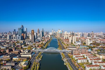 Fototapeta na wymiar Aerial photo of coastal cities along the Haihe River Scenic Line in Tianjin, China