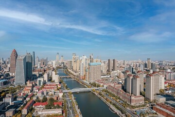 Fototapeta premium Aerial photo of coastal cities along the Haihe River Scenic Line in Tianjin, China