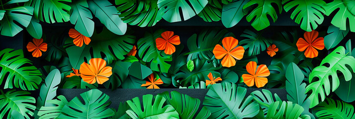 Fresh Green Monstera Leaves Against a Vibrant Background, Capturing the Lush Essence of the Tropics in a Minimalistic Style - obrazy, fototapety, plakaty