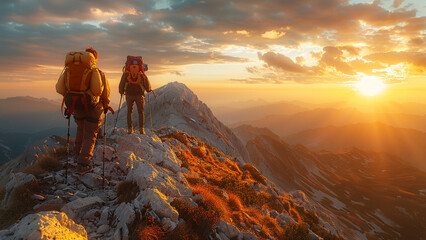 two people on a mountain with the sun setting behind them.