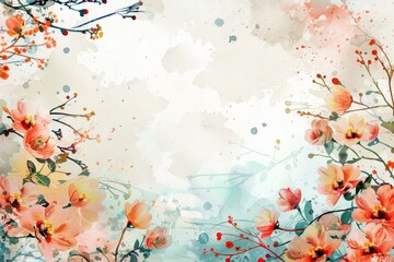 Watercolour illustration of a frame from abstract flowers with a white copy space on a center. AI generated - 781189699