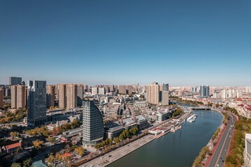 Fototapeta na wymiar Aerial photo of Haihe River Scenic Line of Tianjin, a riverside city in China