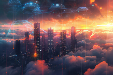 A metaverse city on clouds built on blockchain technology  - obrazy, fototapety, plakaty