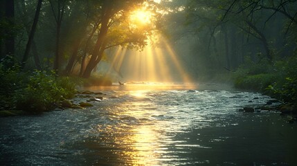 sun shining through the trees at the edge of a river
