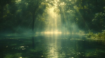 the sun is shining down onto a green river surrounded by trees