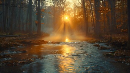 the sun shines through trees in a forest by a river