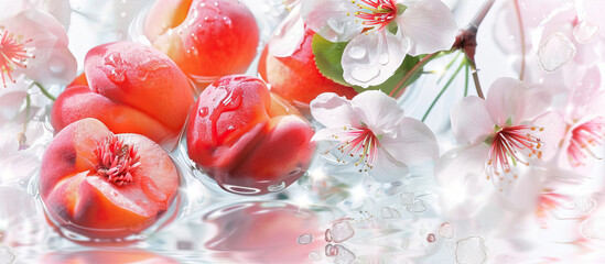 Ripe peaches on the surface of the water along with flowers
