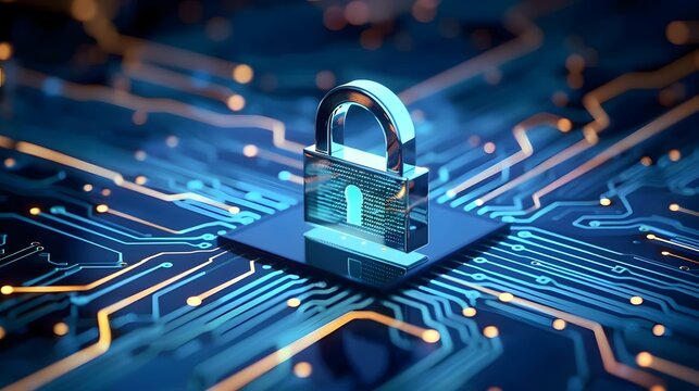 Cyber security technology for fraud prevention and privacy data network protection concept, digital padlock on dark blue background for computing system.