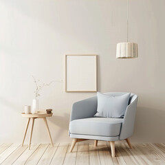 Frame mockup on a beige wall in a room with a blue armchair
