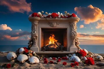 AI generated illustration of a fireplace filled with shells next to the ocean, adorned by flowers