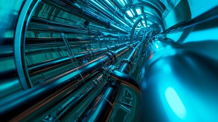 large pipes and pipes next to each other and blue lights - obrazy, fototapety, plakaty