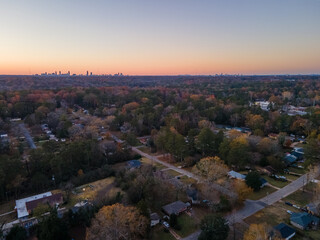 Aerial landscape of residential area with Atlanta skyline during fall in Decatur Atlanta Georgia