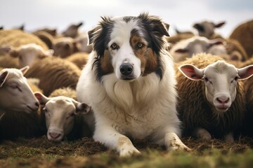 AI generated illustration of a dog sitting with a herd of sheep in a field