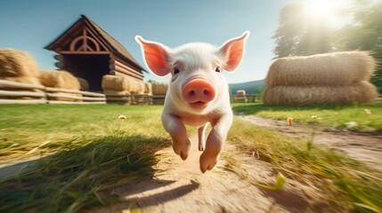 AI generated illustration of a small pig in field with hay and buildings