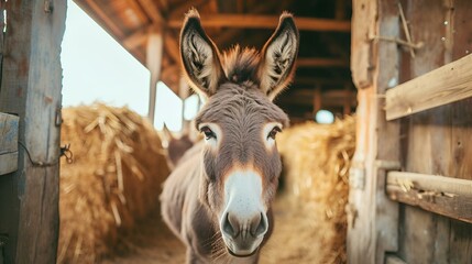 AI generated illustration of a donkey peeks into the doorway of a hay-filled stall - obrazy, fototapety, plakaty