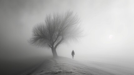 Individual strolling on foggy dirt with a lone tree, AI-generated.