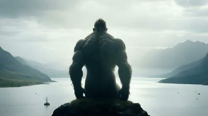AI generated illustration of a Scandinavian fjord with a mythical giant troll from mythology - obrazy, fototapety, plakaty
