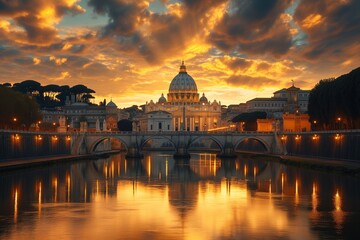 Fototapeta na wymiar Scenic view of Rome at dawn, the Tevere river reflecting a bridge, AI-generated.