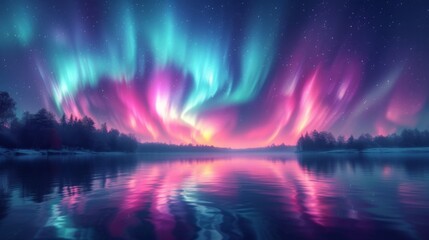 Fototapeta na wymiar AI generated illustration of a stunning view of the aurora borealis illuminating a snow-covered lake