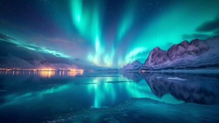 AI generated illustration of a stunning view of the aurora borealis illuminating a snow-covered lake - obrazy, fototapety, plakaty