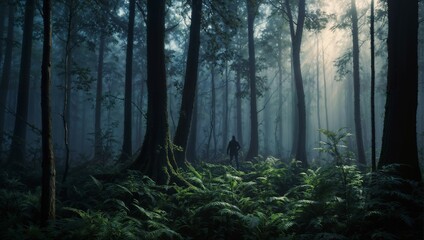 Person strolling through a thick forest, with misty fog in the background, AI-generated. - obrazy, fototapety, plakaty