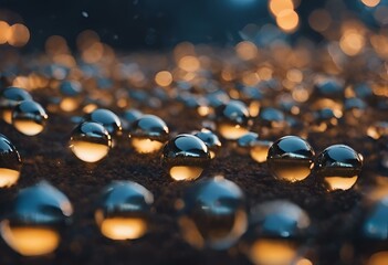 AI generated illustration of shiny spheres illuminated by ambient lights in a dark setting - obrazy, fototapety, plakaty