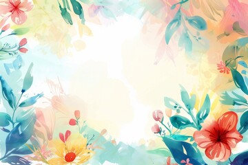 Watercolour illustration of a frame from abstract flowers with a white copy space on a center. AI generated