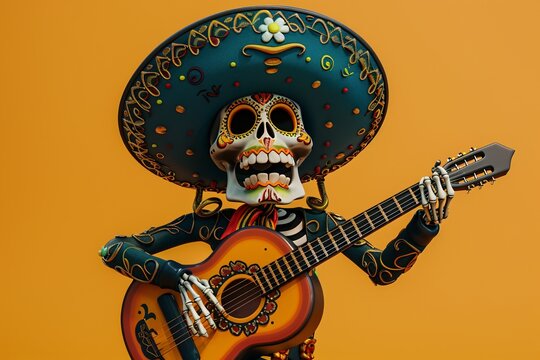 a skeleton wearing a sombrero playing a guitar