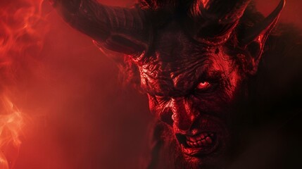 AI generated illustration of an ominous demon with elongated horns silhouetted against a fiery sky - obrazy, fototapety, plakaty